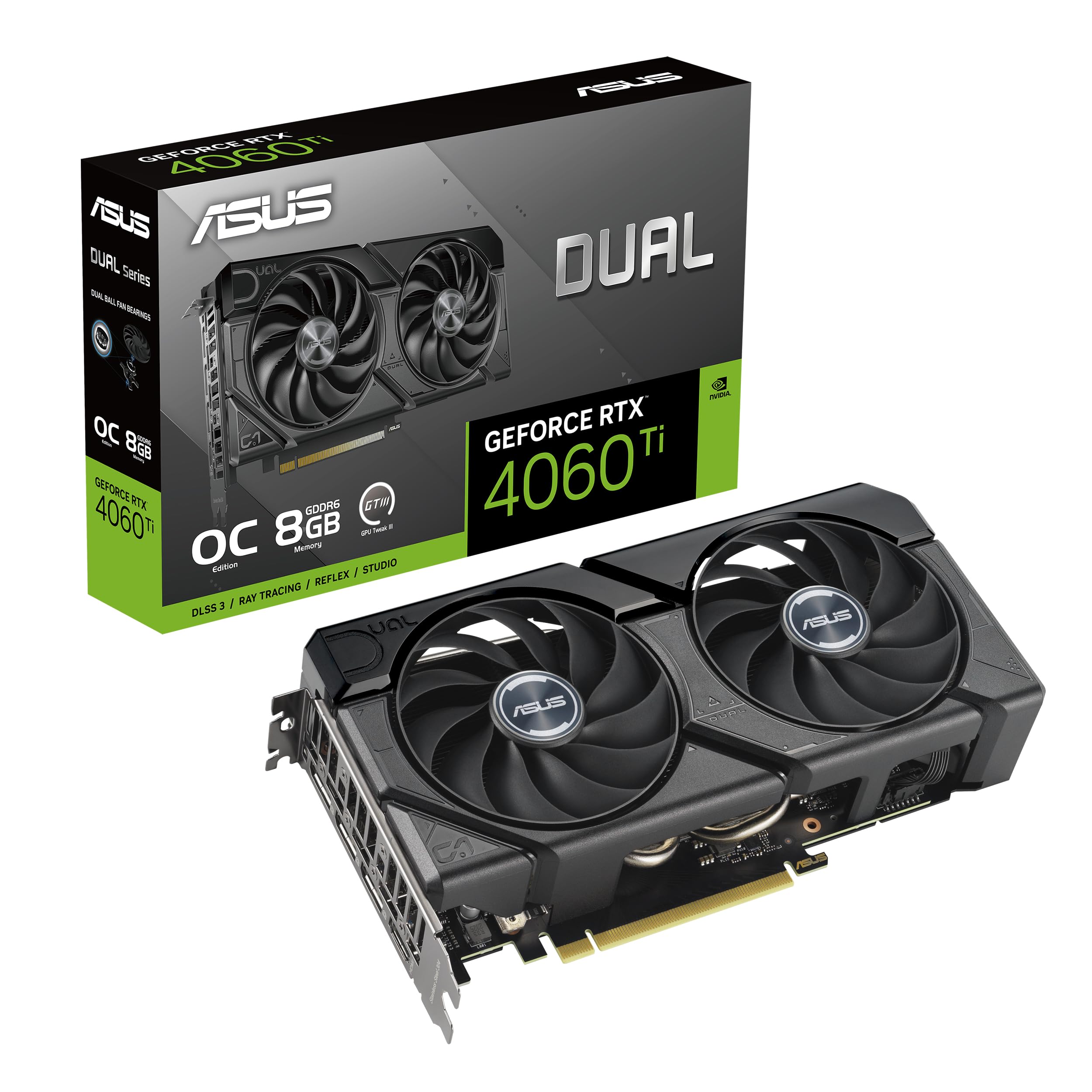 ASUS Dual GeForce RTX™ 4060 Ti EVO OC Edition 8GB GDDR6 (PCIe 4.0, 8GB GDDR6, DLSS 3, HDMI 2.1a, DisplayPort 1.4a, Axial-tech fan design, 0dB technology, Protective Backplate, Auto-Extreme Technology)