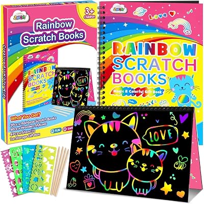 ZMLM Scratch Art for Kids 2 Pack Large Rainbow Notebooks with Stencils