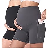 POSHDIVAH Women's Maternity Yoga Shorts Over The Belly Bump Summer Workout Running Active Short Pants with Pockets 5"/8"