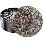 DaYammi 60 Pieces Black Gold Plastic Plates - 10 inch Clear Dinner Plates - Hammer Pattern Design - Fancy Clear Black and Gold Disposable Plates for Party and Wedding