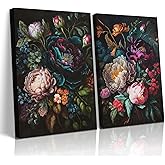 BRPXJRA 2 Pcs Moody Floral Wall Art Dark Flower Wall Decor Painting Vintage Baroque Peony Canvas Prints Botanical Still Life Pictures for Living Room Bedroom Bathroom 12x16 In Ready to Hang