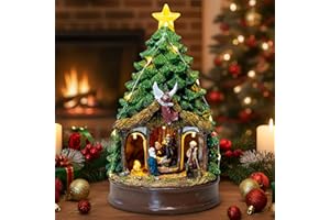 VISFLAIR Christmas Tree Lighted Animated Rotating Adoration of The Magi Nativity Manger Scene, Musical Creche with Barn Animals Figurines LED Lights, Home Decor Gifts Festive Holiday Tabletop Decorations
