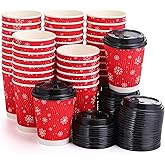 Jingmore 48 Pcs Snowflake Paper Coffee Cups 12 Oz Winter Disposable Extra Thick Insulated Beverage Cups with Leak Proof Lids for Wonderland Winter Christmas Party (Red)