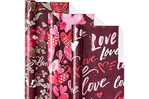 LeZakaa Red Wrapping Paper Roll - Mini Roll - Flower/Heart/Love for Valentine's Day - 17 x 120 inches - 3 Rolls (42.5 sq.ft.ttl.)