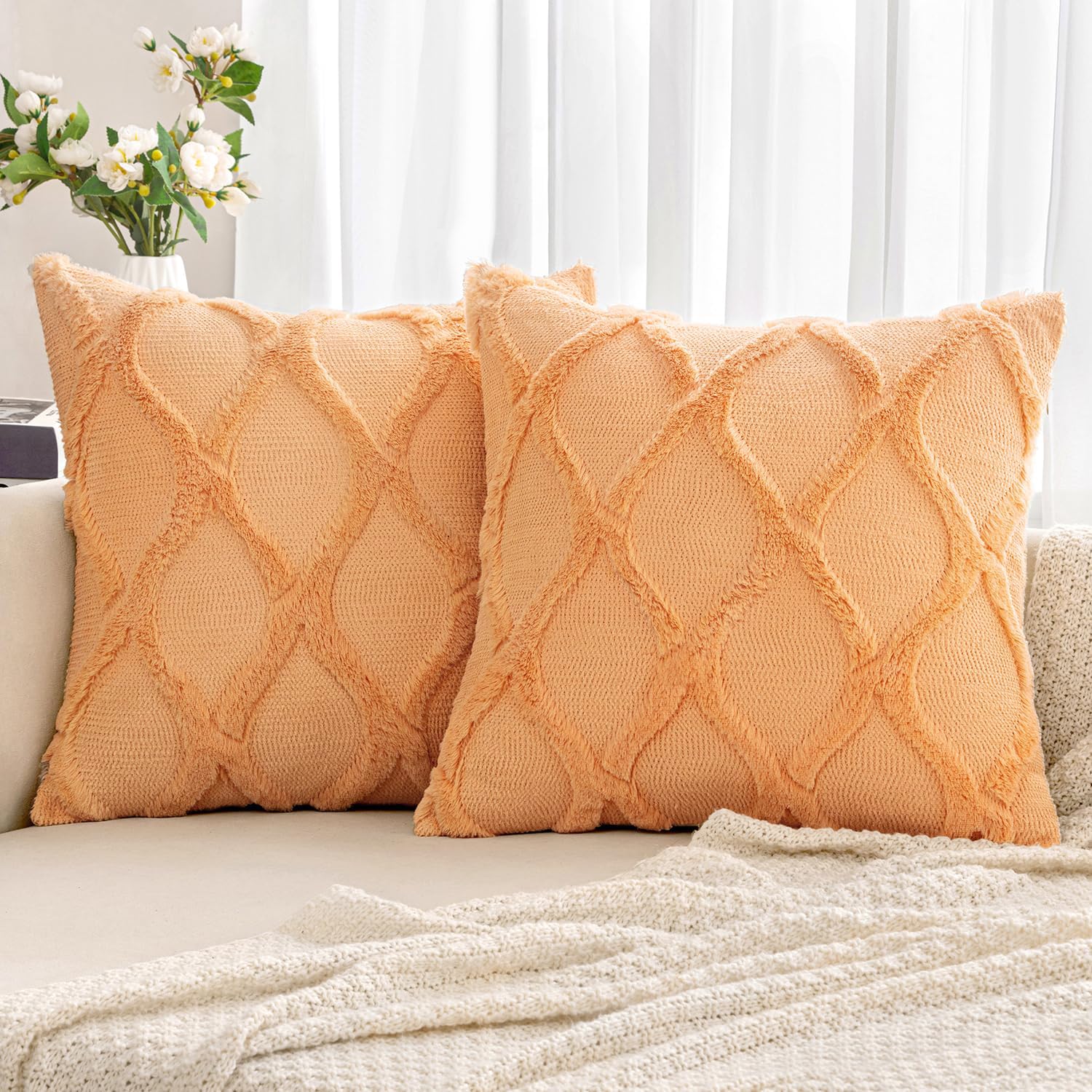 Photo 1 of MIULEE Decorative Throw Pillow Covers Orange 20x20 Inch Set of 2, Soft Plush Faux Wool Couch Cushion Covers Farmhouse Throw Pillows for Couch Bed Sofa Living Room