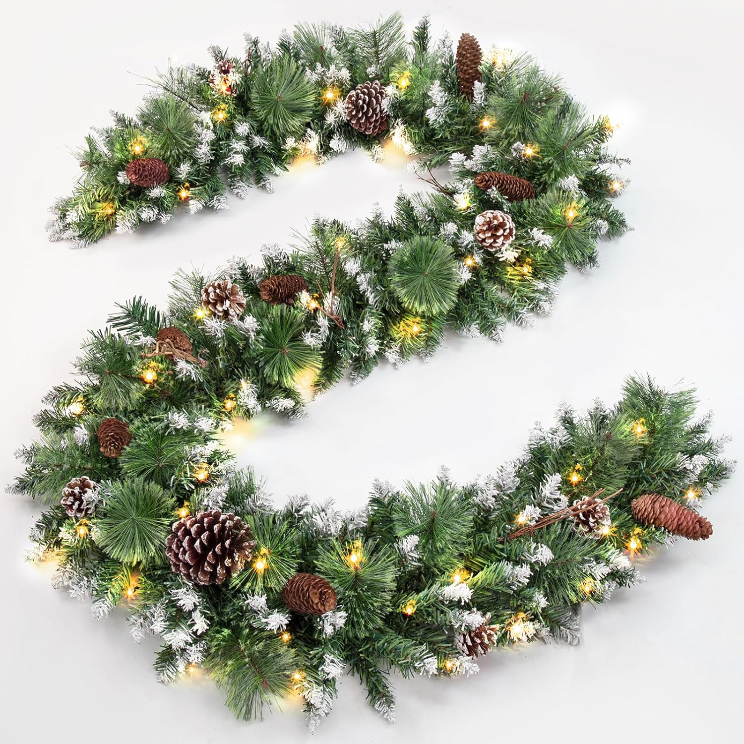 Wreaths, Garlands & Swags - Jin&Bao 9FT Christmas Garland with 100 Lights, Pre-lit Christmas Garlands Xmas Decorations 8 Mode Timer Waterproof with Snowy Large Pine Cones, Long Pine Cones for Mantle Stairs Door Outdoor Decor