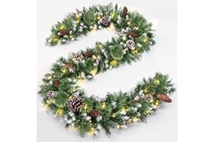 Jin&Bao 9FT Christmas Garland with 100 Lights, Pre-lit Christmas Garlands Xmas Decorations 8 Mode Timer Waterproof with Snowy Large Pine Cones, Long Pine Cones for Mantle Stairs Door Outdoor Decor