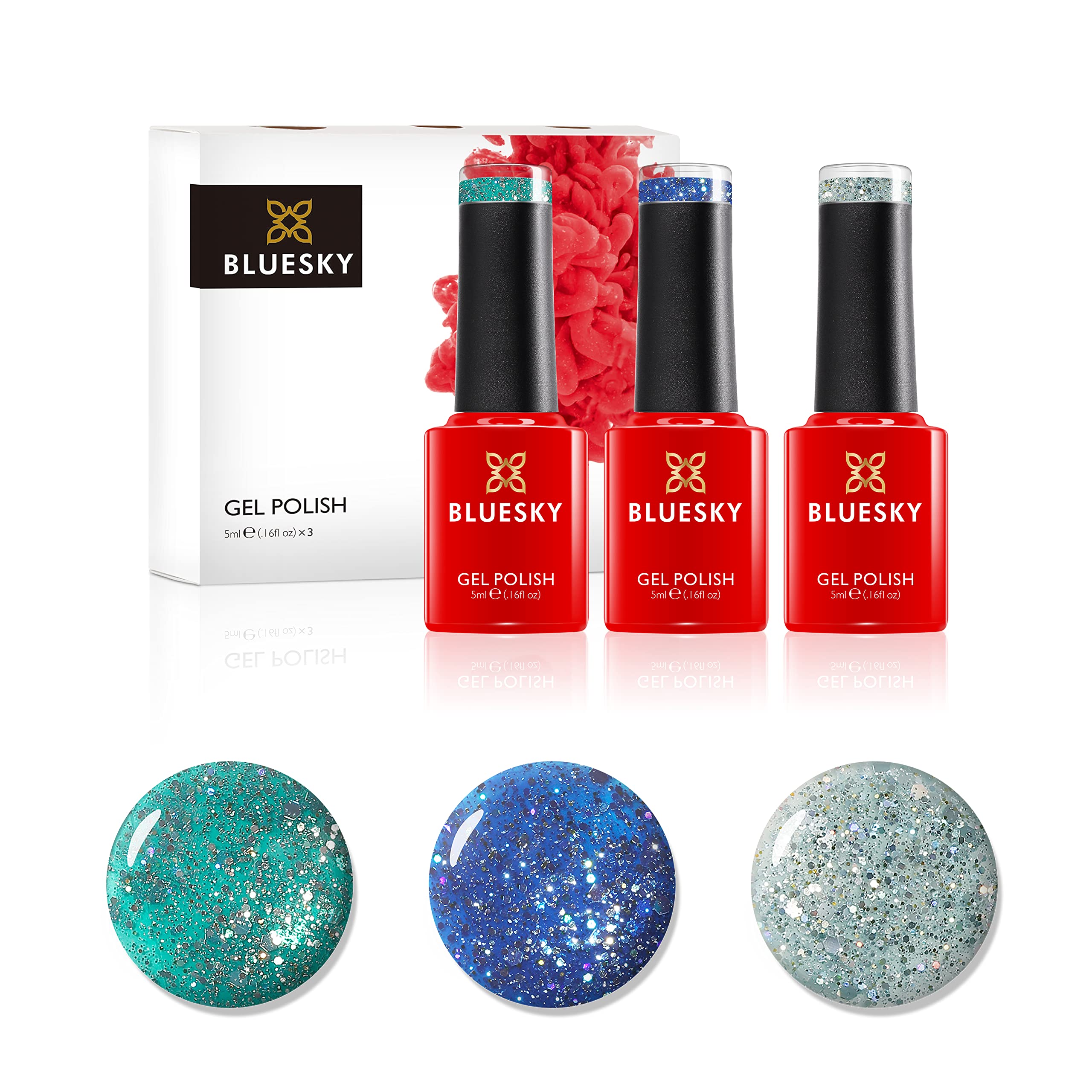 Bluesky Gel Nail Polish Set, Teal Confetti, Dazzling Blz49, Teal Blue Green Blz10, Midnight Blue Blz13, 3 x 5 ml Glitter (Requires Curing Under UV or LED Lamp)
