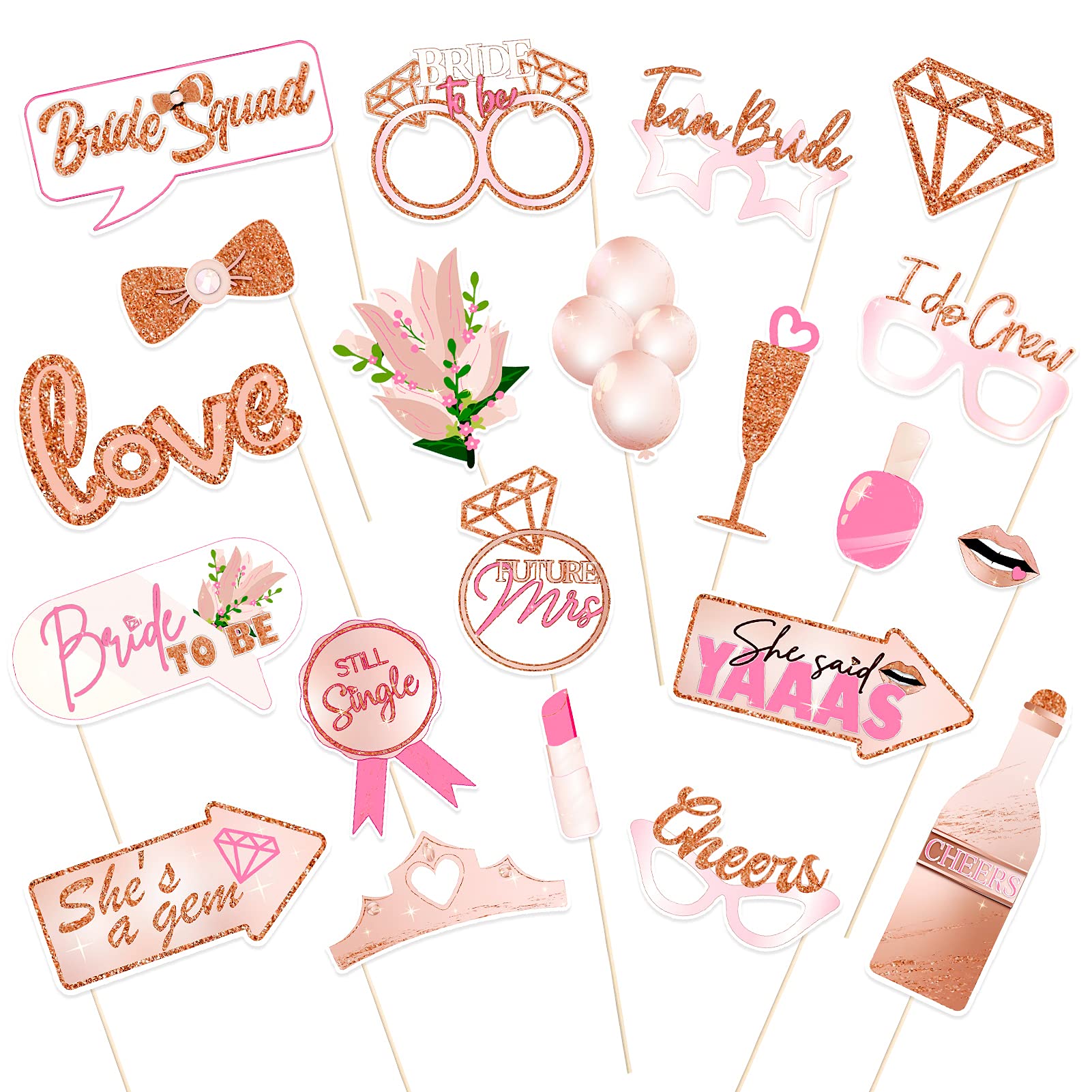 Qpout Bridal Shower Photo Booth Props Kit(21 Count), Rose Gold Wedding Hen Party Funny Selfie Props, Bride To Be Night Party Photo Props Decoration Accessories, With Bamboo Sticks& Stickers