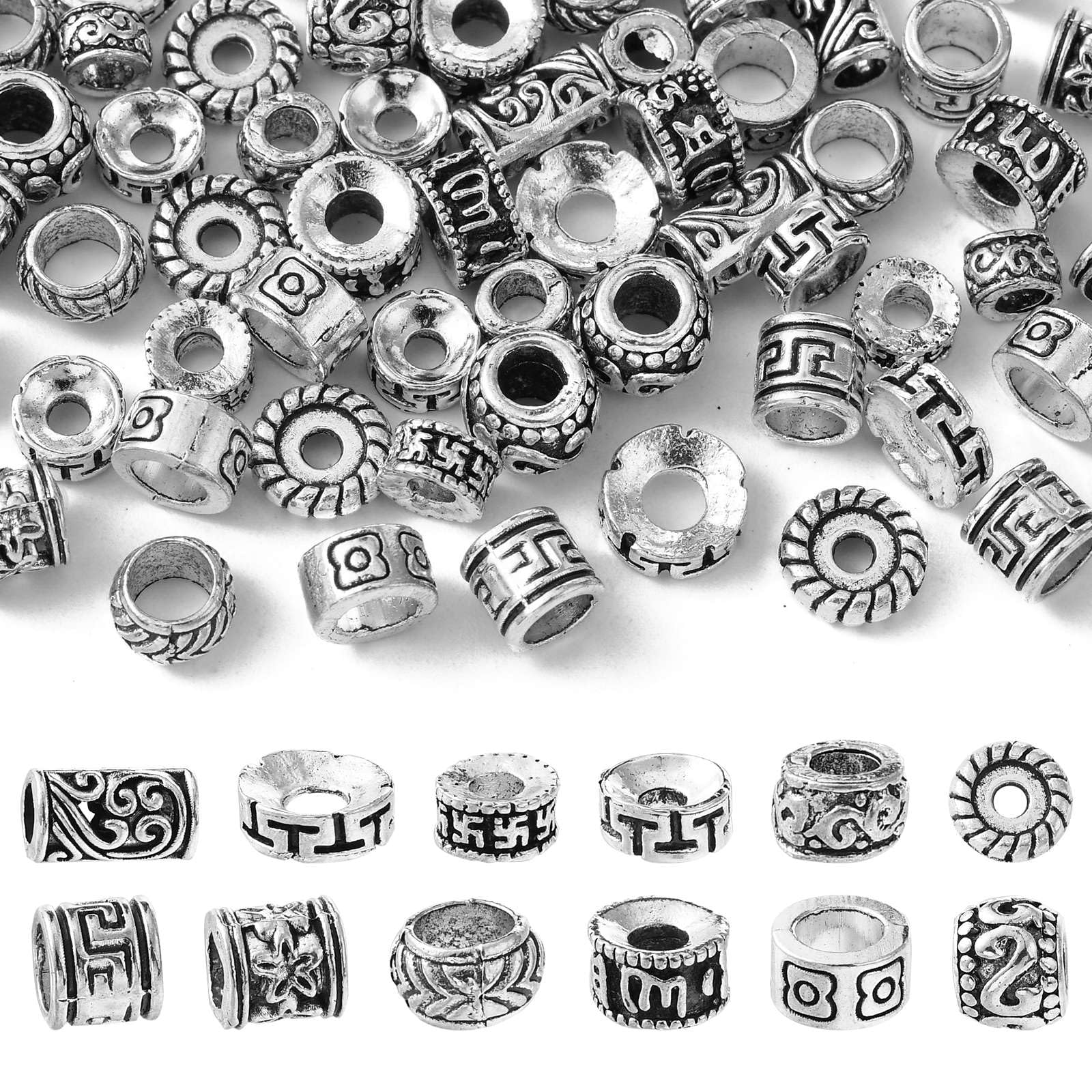 UR URLIFEHALL 60 Pcs 12 Styles Tibetan Antique Silver Spacer Beads Buddhist Theme Rondelle Column Loose Beads for Jewellery DIY Crafts Hairband