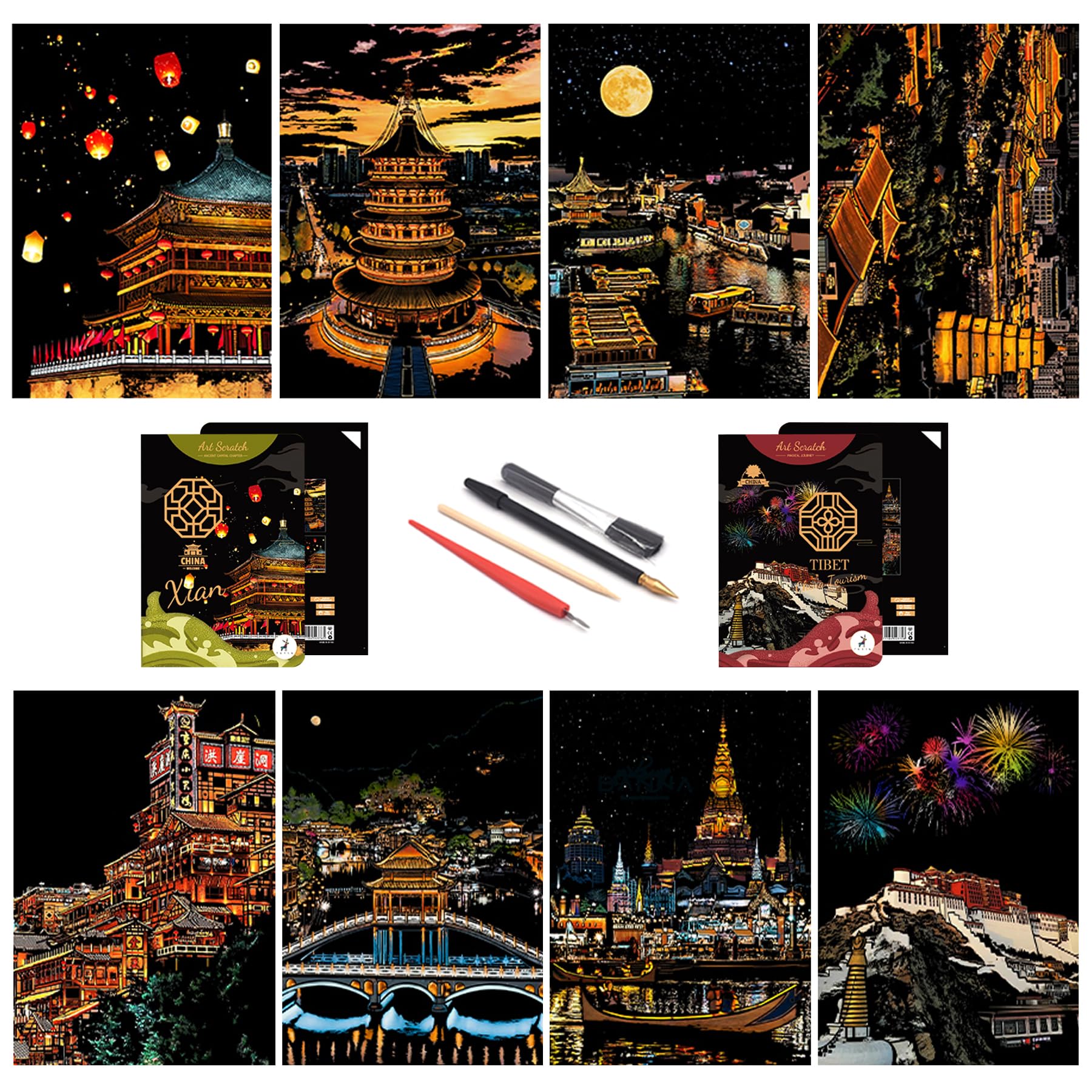 SiYear Scratch Paper Rainbow Painting Sketch, City Series Night Scene,Scratch Painting Creative Gift,Scratchboard for Adult with 4 Tools（ancient capital city）