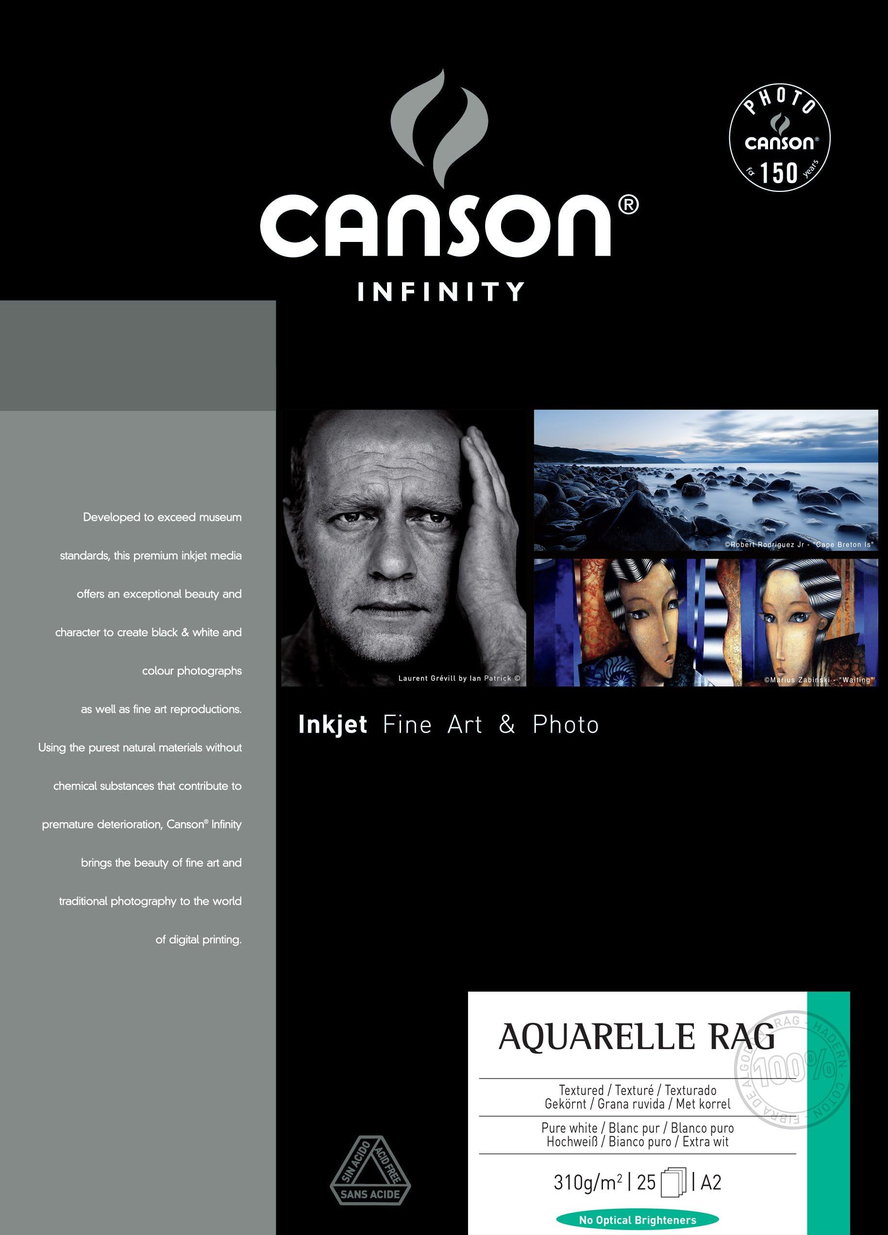Canson Infinity Aquarelle Rag 310gsm, Natural White Matte Inkjet Paper, A2, Box of 25 Sheets