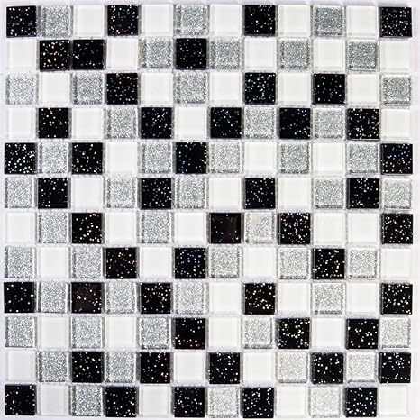 Schwarze, weiß und silberne Glasmosaikfliesen mit Glitzereffekt. 30cm x