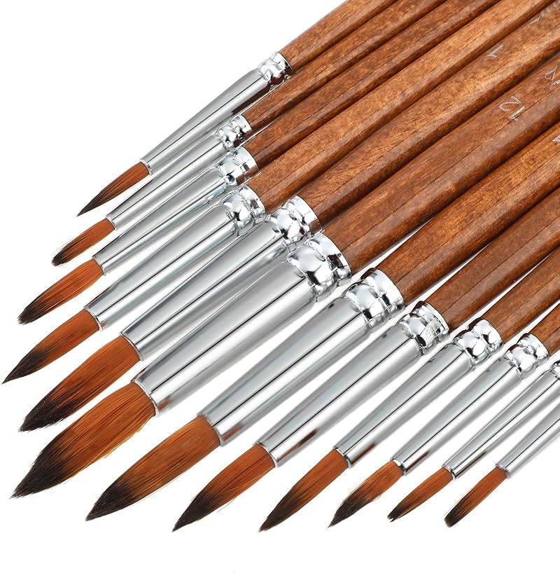 Thinp 12Pcs Watercolor Brush Set Round Pointed Tip Nylon Hair Detail