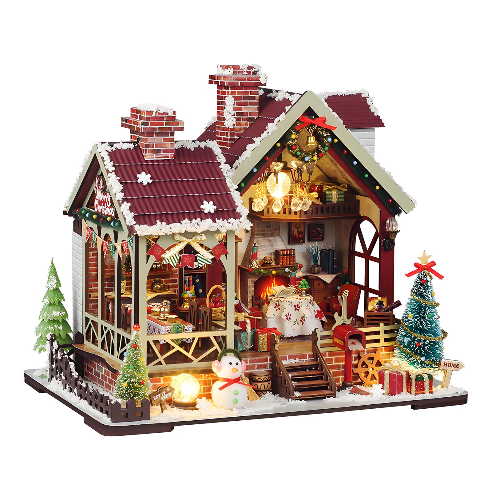 DIY Christmas Miniature House Kit Mini Wooden Dollhouse Kits for Adults Xmas Eve Snowflakes Building with LED Light, Diorama Model Birthday Gifts for Family/Friends