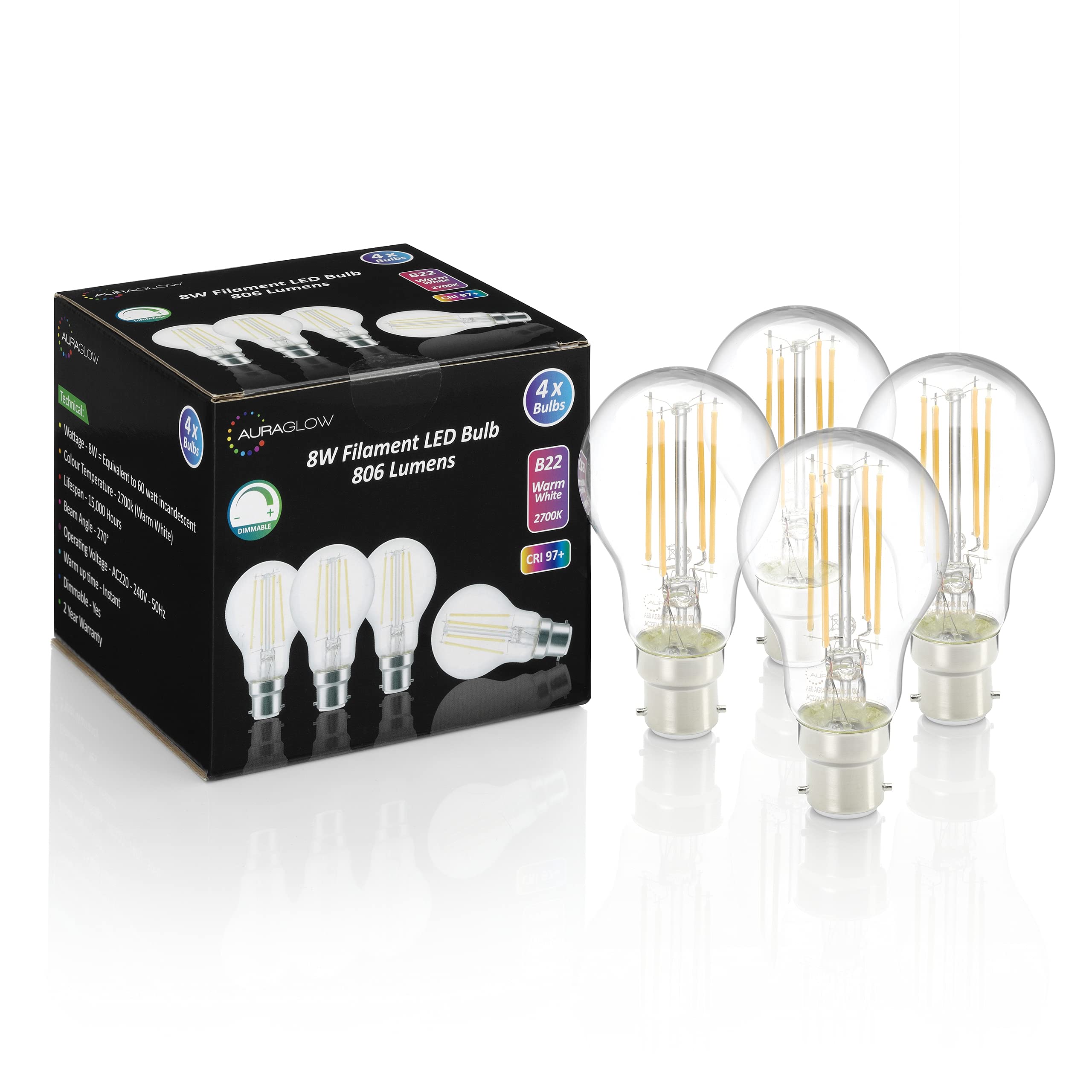 Auraglow 8W Filament Style LED B22 Dimmable A60 Bulb 60W Equivalent 806lm Warm White 2700K – High CRI Rating 97 - Pack of 4
