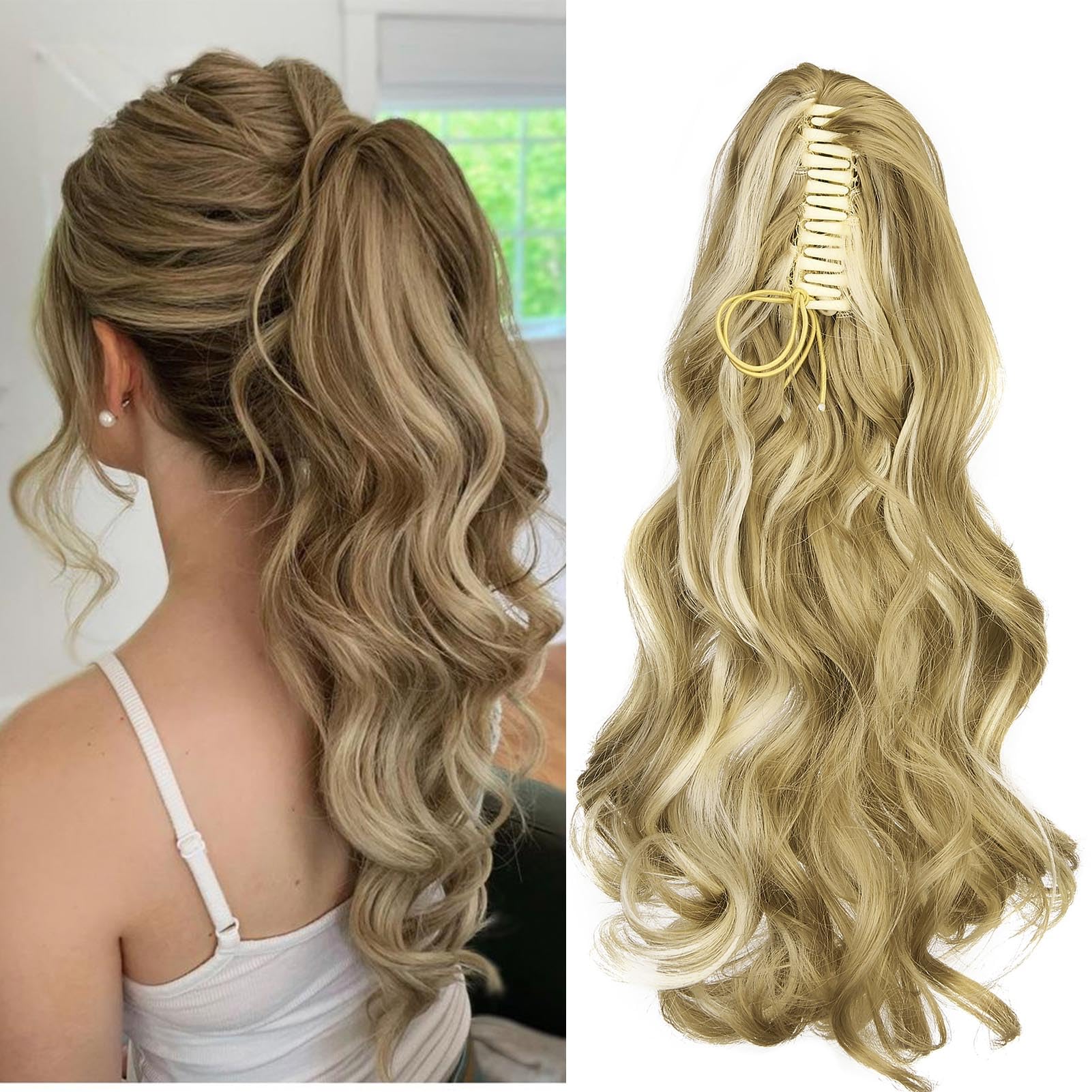 Cybelleza Ponytail Extension Curly Wavy Claw Jaw Pony Tail 18" One Piece Clip in Hair Extensions Ponytail Hairpiece Synthetic Long Natural for Women, Sandy Blonde & Bleach Blonde — image 1