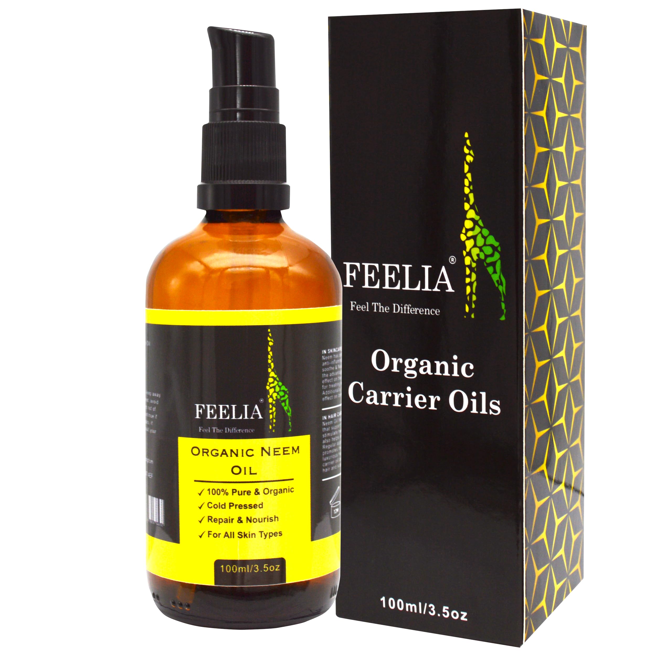Feelia - Organic Neem Oil - Cold pressed, Rich in Vitamin E & Antioxidants, Repairs & Nourish, 100% Pure & Organic - 100ml