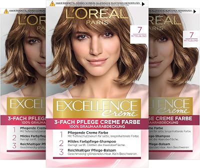 L'Oreal Paris Excellence Hair Colour 7 Medium Blonde 100% Grey Coverage Triple