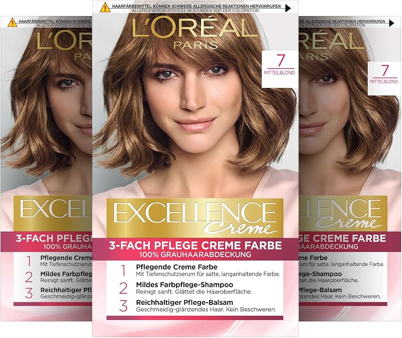 L'Oreal Paris Excellence Hair Colour 7 Medium Blonde 100% Grey Coverage Triple