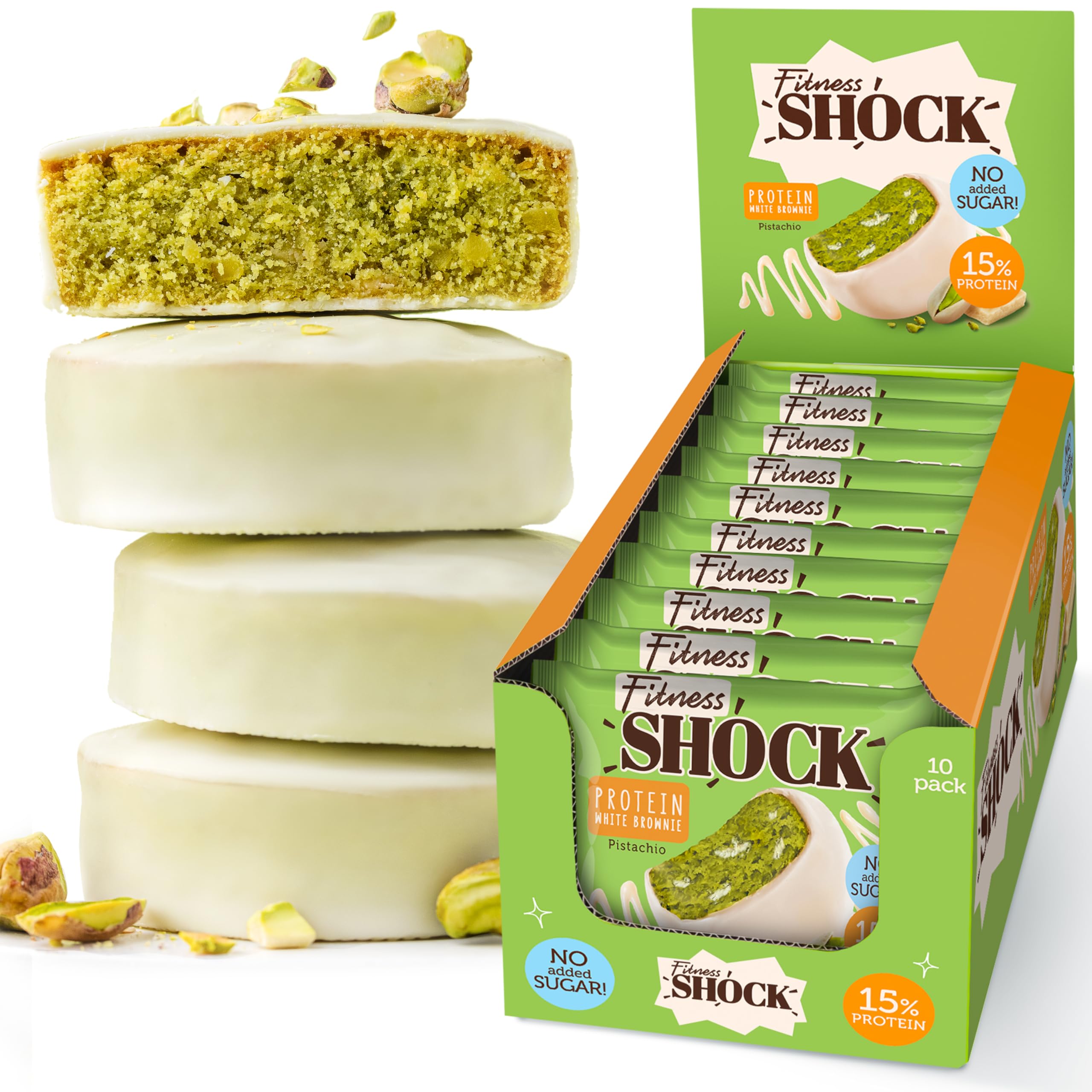 FitnesSHOCK Protein Brownie Snack ohne Zusatz von Zucker, Kekse mit 15% Eiweiß, Weiße Schokolade, sättigende Ballaststoffe, low carb, weiche Konsistenz, 10 Stück х 50g - Pistazien Geschmack