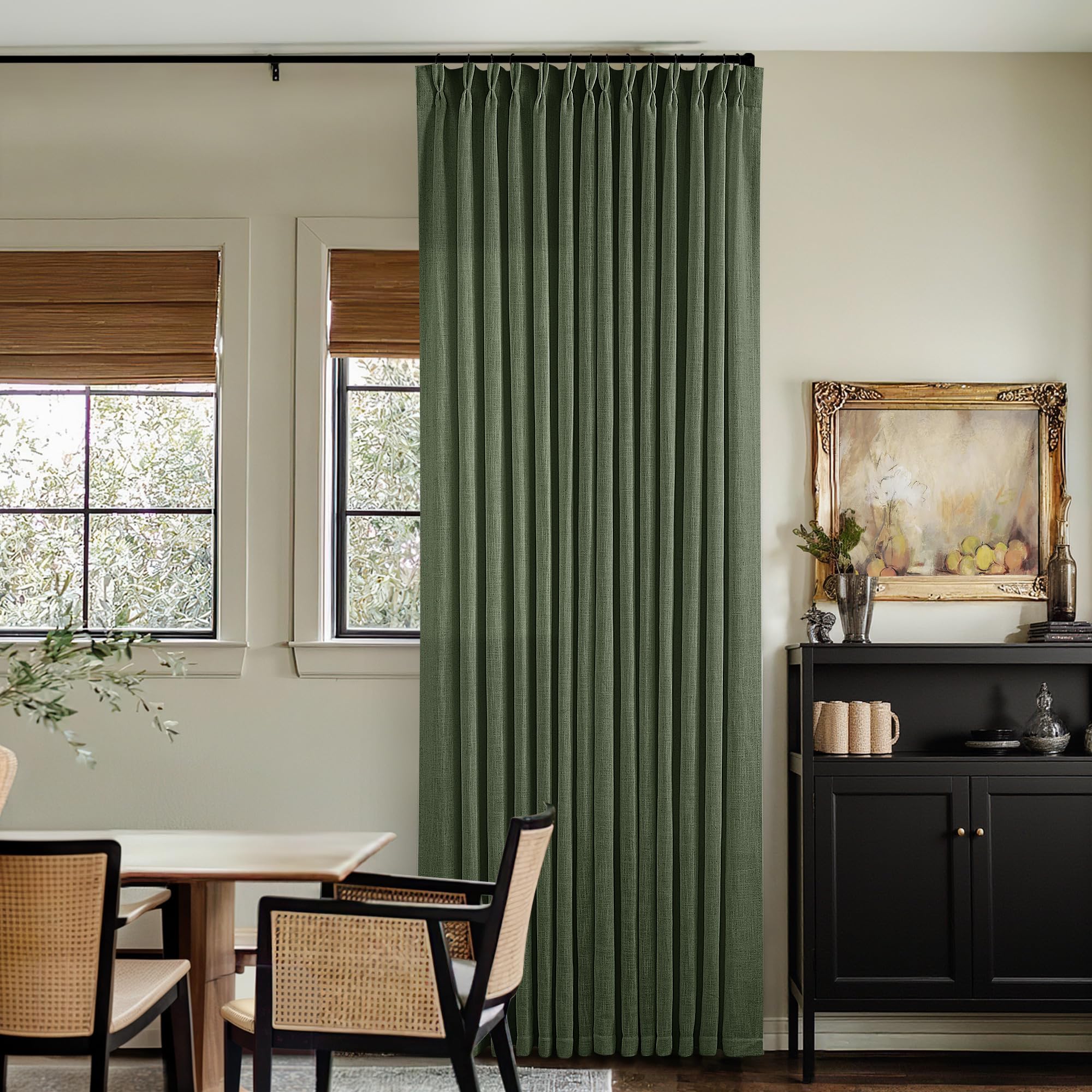 Photo 1 of Loden 120 Inch Long Curtains Extra Long Olive Green Linen Pinch Pleated Curtains 2 Panels for Living Room Bedroom Thick Linen Pleated Hooks Rings Back Tab 120 Inch Drapes for Large Window
