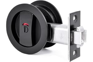 DONTAY Round Pocket Door Lock with Color Coded Indicators, Privacy (Bed/Bath) Latch, Flush, Large Locking Lever, 2-3/8" Backset, Hardware for 1 3/8” to 2 3/16” Thickness Door (Matte Black, Round - 1 Pack)