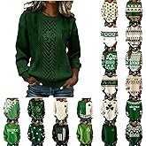 Irish Sweater Women St Patricks Day Vintage Knitted Shamrock Sweaters Plus Size Long Sleeve Crew Neck Casual Pullover Tops