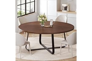 LVB 60-Inch Round Dining Table, Modern Wood Metal Kitchen Tables, Industrial Large Dinner Room Table for 6 to 8, Circle Dining Room Tables for Home Kitchen Living Room, Walnut