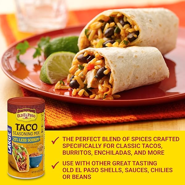 OLD EL PASO TACO SEASONING, 25% LESS SODIUM, LARGE SIZE, 6.25 OZ.