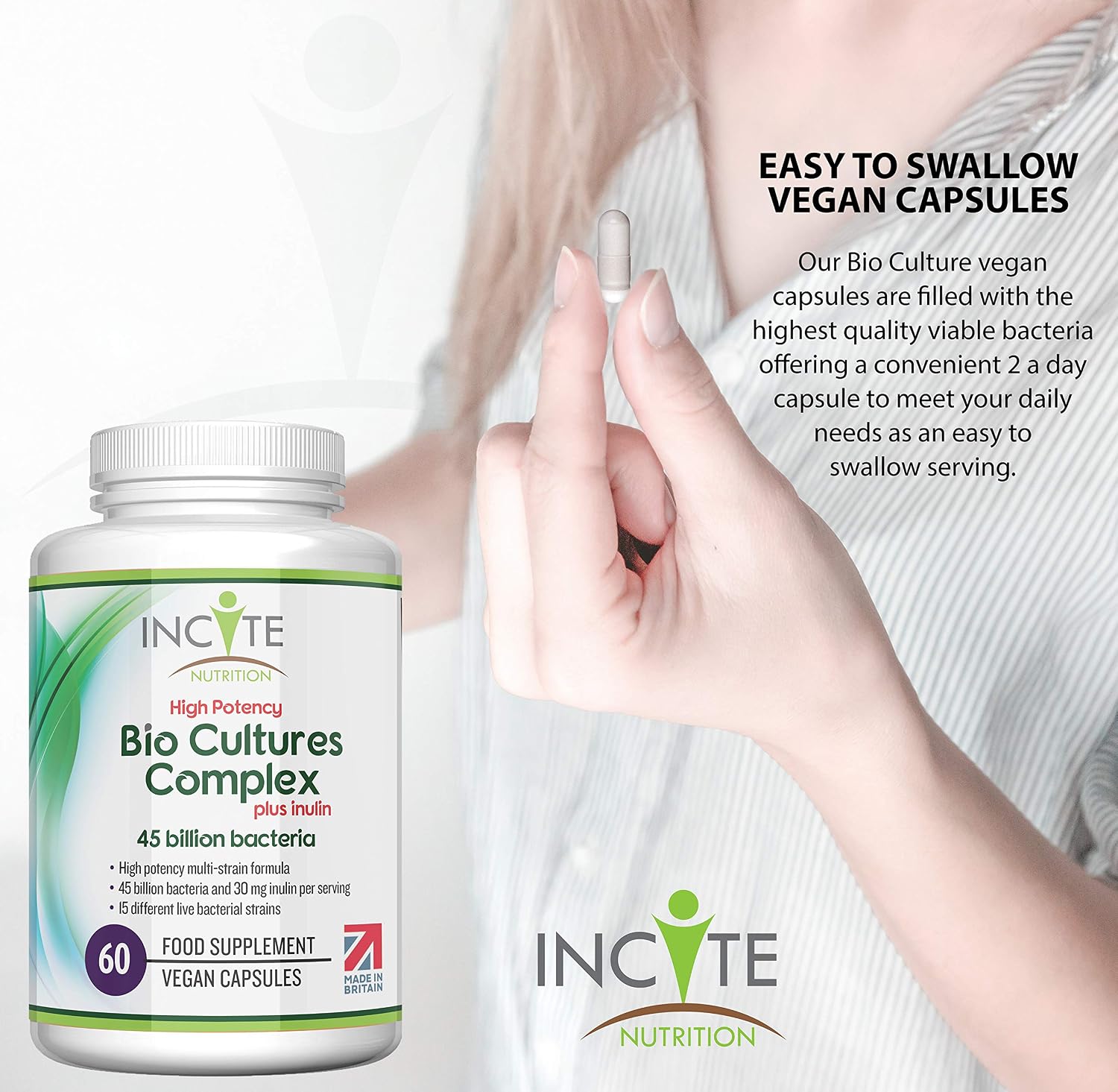 Incite Nutrition Bio Cultures Complex 45 Billion CFU. 1 Month Supply of Prebiotics and Probiotics. 15 Bacterial Strains + Inulin for Digestive Support and Gut Health. Suitable for Vegetarians & Vegans - Image 3