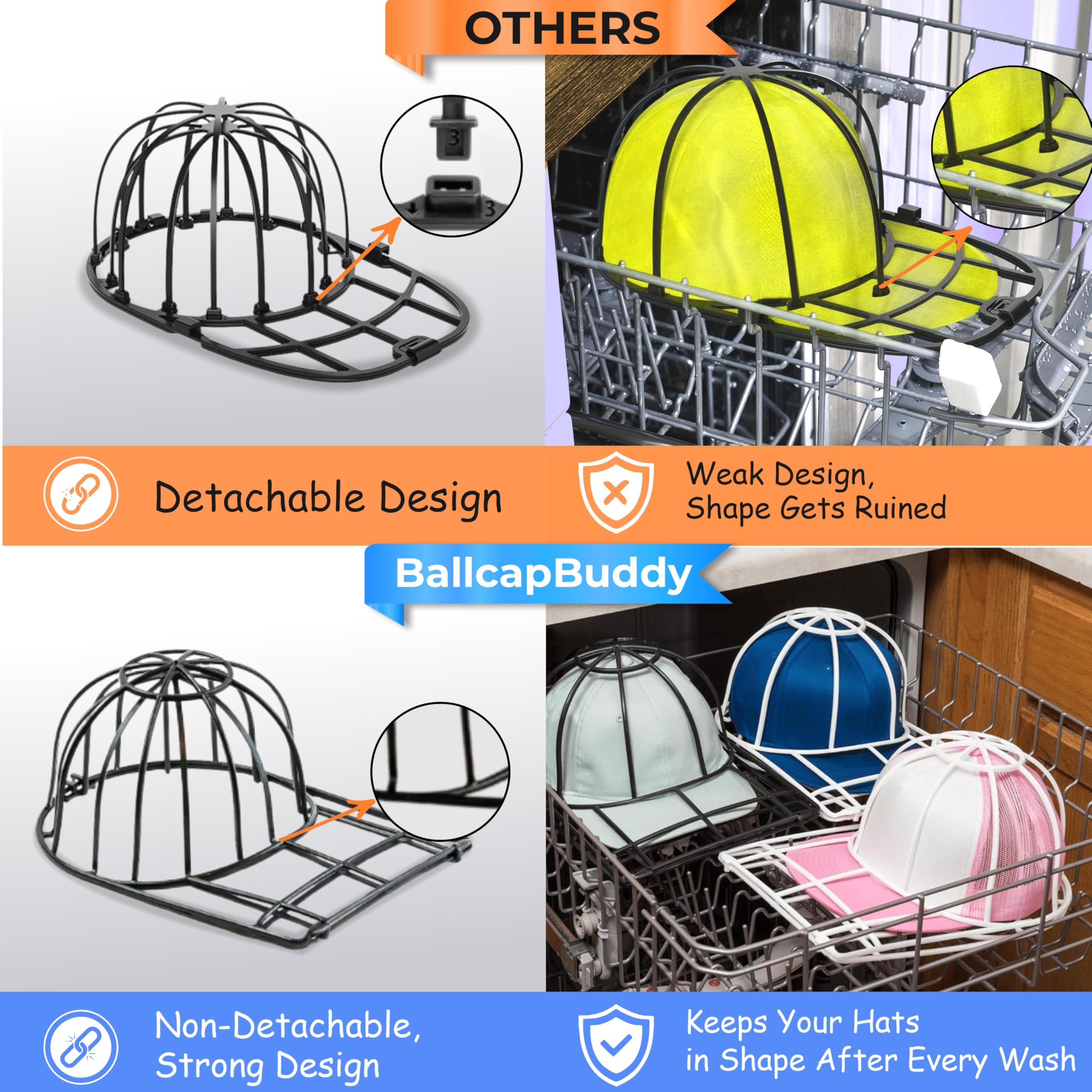 BallcapBuddy Original and Patented Hat Cleaner, Hat Washer for Washing Machine or Dishwasher, Cap Washer Frame for Flat & Curved Hats, Made in USA (White)