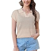 Arach&Cloz 2025 Women's Crochet Cap Sleeve Knit Tops Spring Summer Shirts Lightweight Collared Hollow Out Casual Blouses