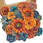 Serwalin Artificial Burnt Orange & Teal Flowers, Orange Silk Fake Flowers, Autumn Faux Sunflowers for Wedding Bouquet, Table Centerpieces, Home Decor