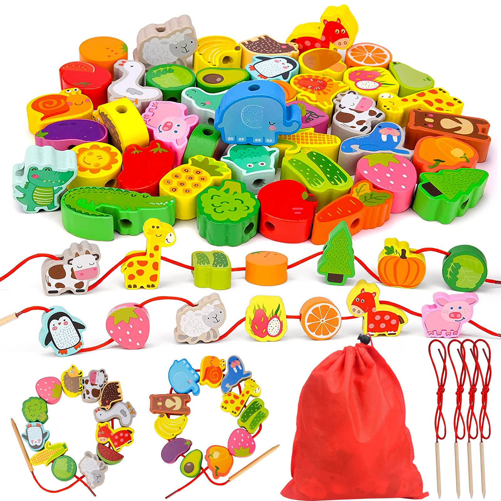 GEEKEO Toys for 1 2 3 Year Olds Girls Boys, Threading Toys for 2 Year Olds Toddlers Animals Fruits Vegetables String Lacing Beads Wooden Montessori Educational Toys Gifts for 1 2 3 Year Olds Kids