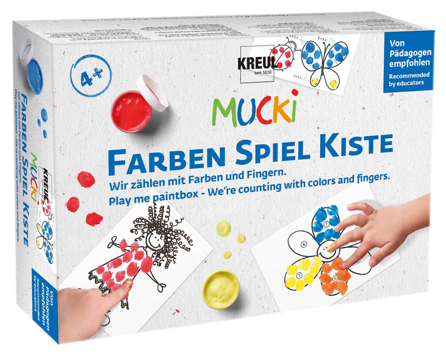 Kreul 29103 Mucki Finger Paint Colours Game Box We Count with Colours and Fingers, Learning and Play Set, 5 x 50 ml Finger Paint, 2 Small Tins, 14 Motif Cards, 1 Instructions