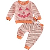 ZAXARRA Toddler Boy Girl Halloween Outfits Pumpkin Embroidery Waffle Sweatshirt Top Striped Pants Set Kids Holiday Clothes