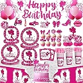 213Pcs Girl Birthday Decorations Serves 25 - Dessert & Lunch Paper Plates, Balloons, Napkins, Paper Cups, Tablecloth & Cake Topper - for 18th 21st Birthday Decorations for Girls