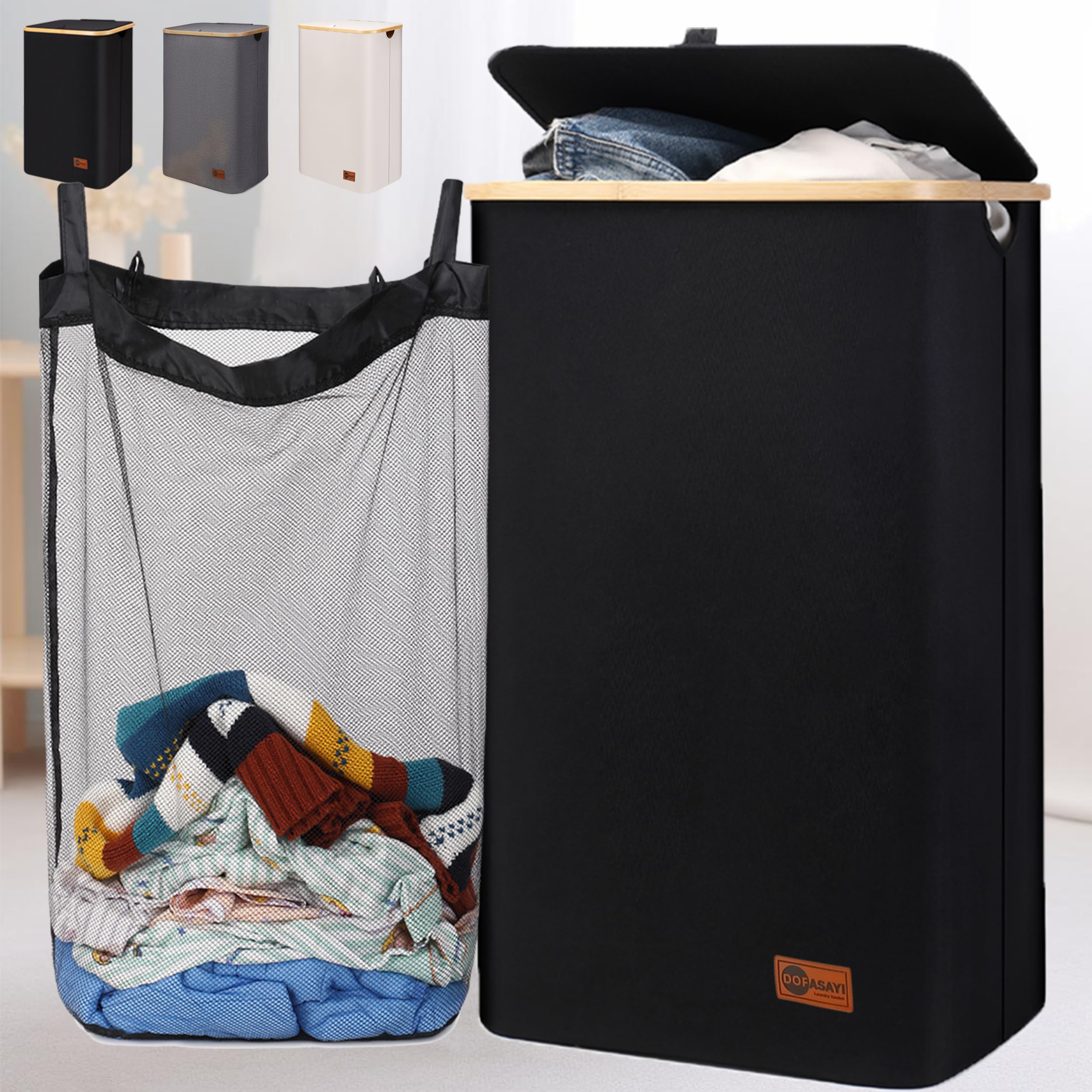 Photo 1 of DOFASAYI Laundry Hamper with lid - 120L XL- Large Laundry Basket with Bamboo Handles, Portable Clothes Hamper for Dorm Room, Bathroom, bedroom, Grey foldable Hamper for Toys, closet, Clothing,Black