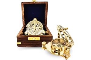 ANTIQUANA Antique Brass & Copper Sundial Compass, Sundial Clock in Box Gift Sun Clock Ship Replica Watch, Nautical Gifts for Men, Unique Nautical Decor, Naval Maritime Sundial (#4 Golden Sundial)