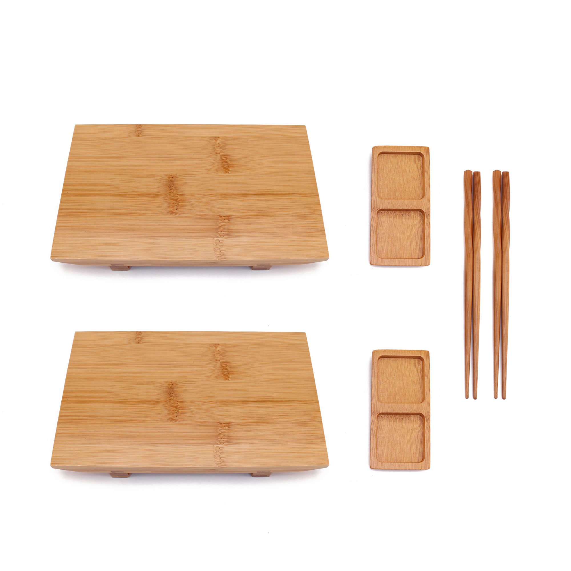 BambooMN Bamboo Sushi Plate/Tray, Chopsticks and Compartment Sauce Dish, 9.8" Rectangle - 2 Sets