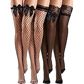 Bencailor 4 Pairs Fishnet Thigh High Stocking Silicone Lace Top Sheer Over Knee Stocking Silky Stockings for Women