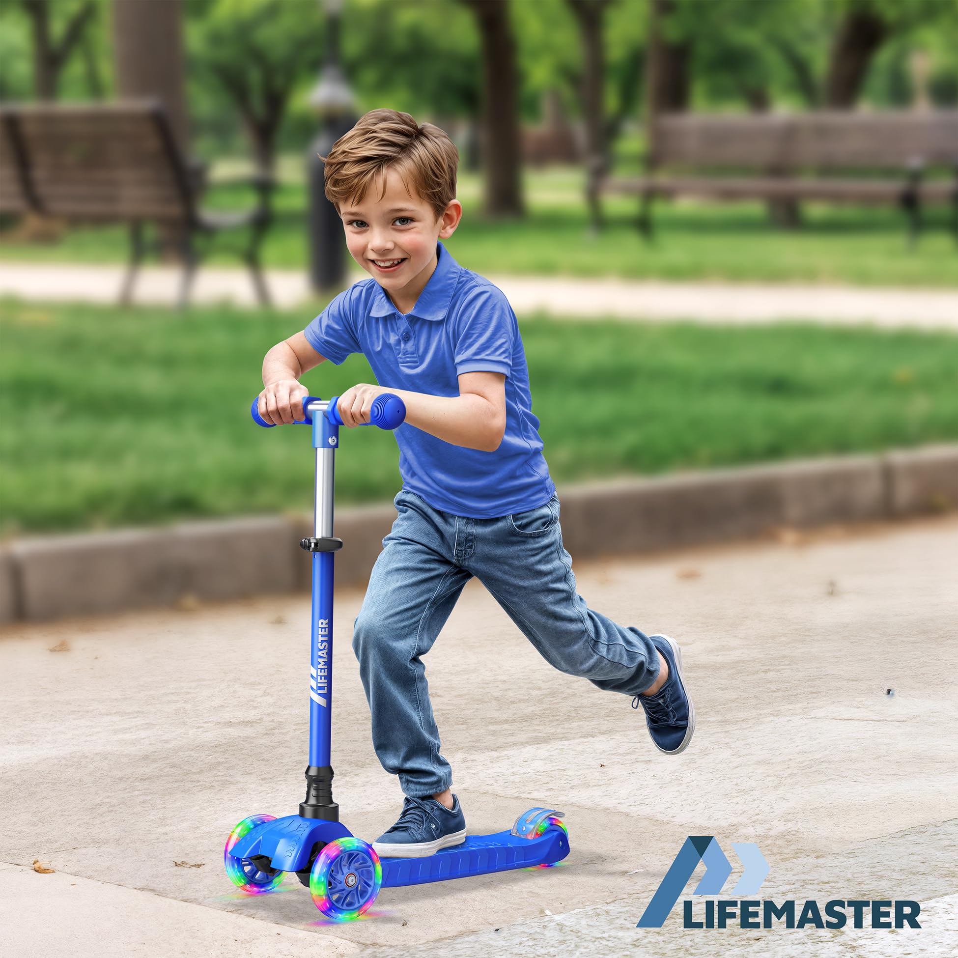 Lifemaster Mini 3-Wheel Kids Scooter with Multi-Color Wheel Lights – 4-Height Adjustable Handlebar, Wide Anti-Slip Deck, Child Safety Certified, Boys & Girls Ages 2+ Supports Up to 110 lbs