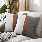 Merrycolor Set of 2 Faux Leather Throw Pillow Covers 16x16 inch Patchwork Linen Throw Pillow Covers Modern Farmhouse Pillow Covers Accent Pillows for Couch Sofa Bed, Gray and Brown