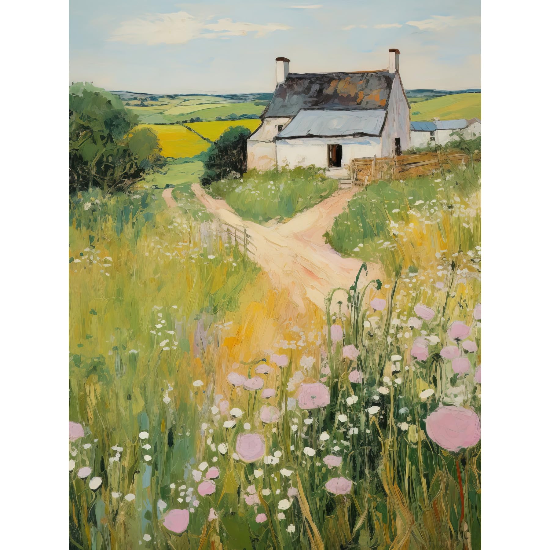 Artery8 Country Farmhouse Cottage Scene Traditional Landscape Oil Painting Meadows Countryside Summer Extra Large XL Wall Art Poster Print