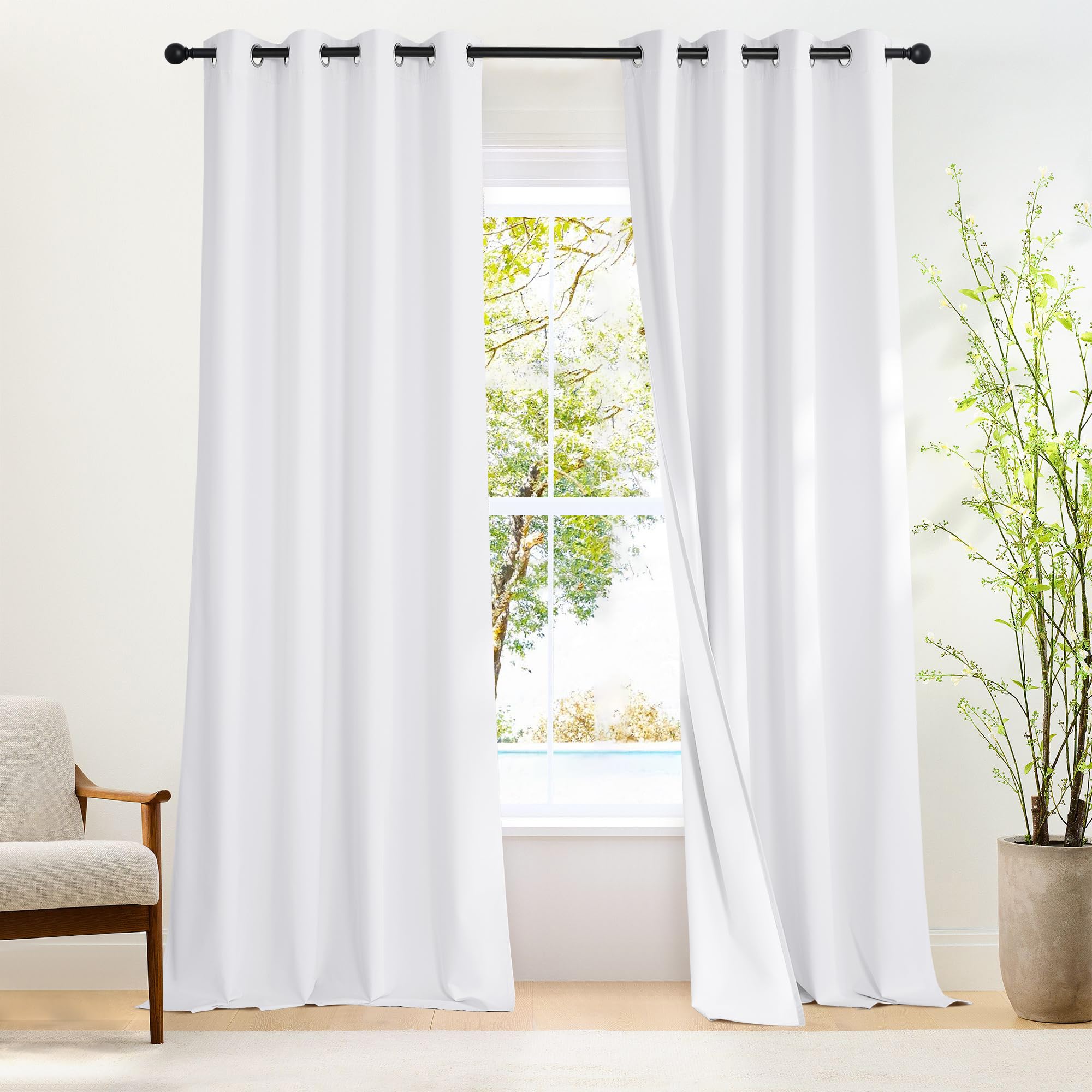 Photo 1 of NICETOWN 100% Blackout White 120 inch Long Curtains for Living Room, Grommet Thermal Insulated Curtains Heat Blocking Window Treatments for Bedroom, W52 x L120, 2 Panels