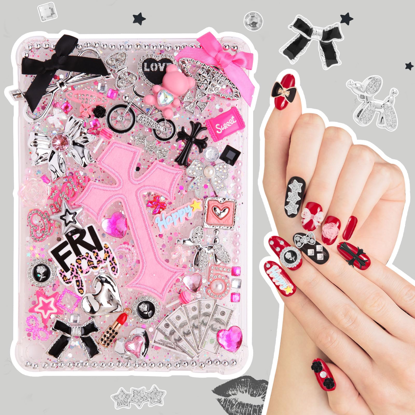 2380 Pcs Junk Phone Case Charms Kit,Charms for Customizing Diy Cases ，With Nail Accessories,Cute Bow,Flatback Pearls,Star,Love, Candy,Letter Beads,Cute Aesthetic Big Decor for Personalization