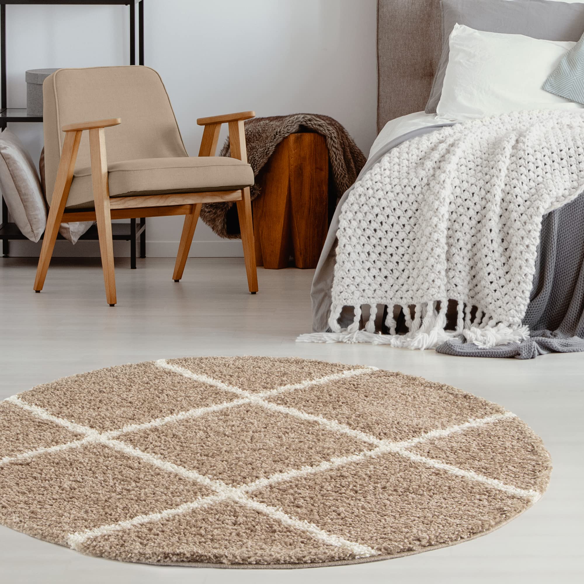 THE RUGS Shaggy Rug – Modern Moroccan Design Rugs for Living Room, Bedroom, Hallway, 3 cm Thick Area Rugs, (Diamond Beige/Ivory, 120cm Round)