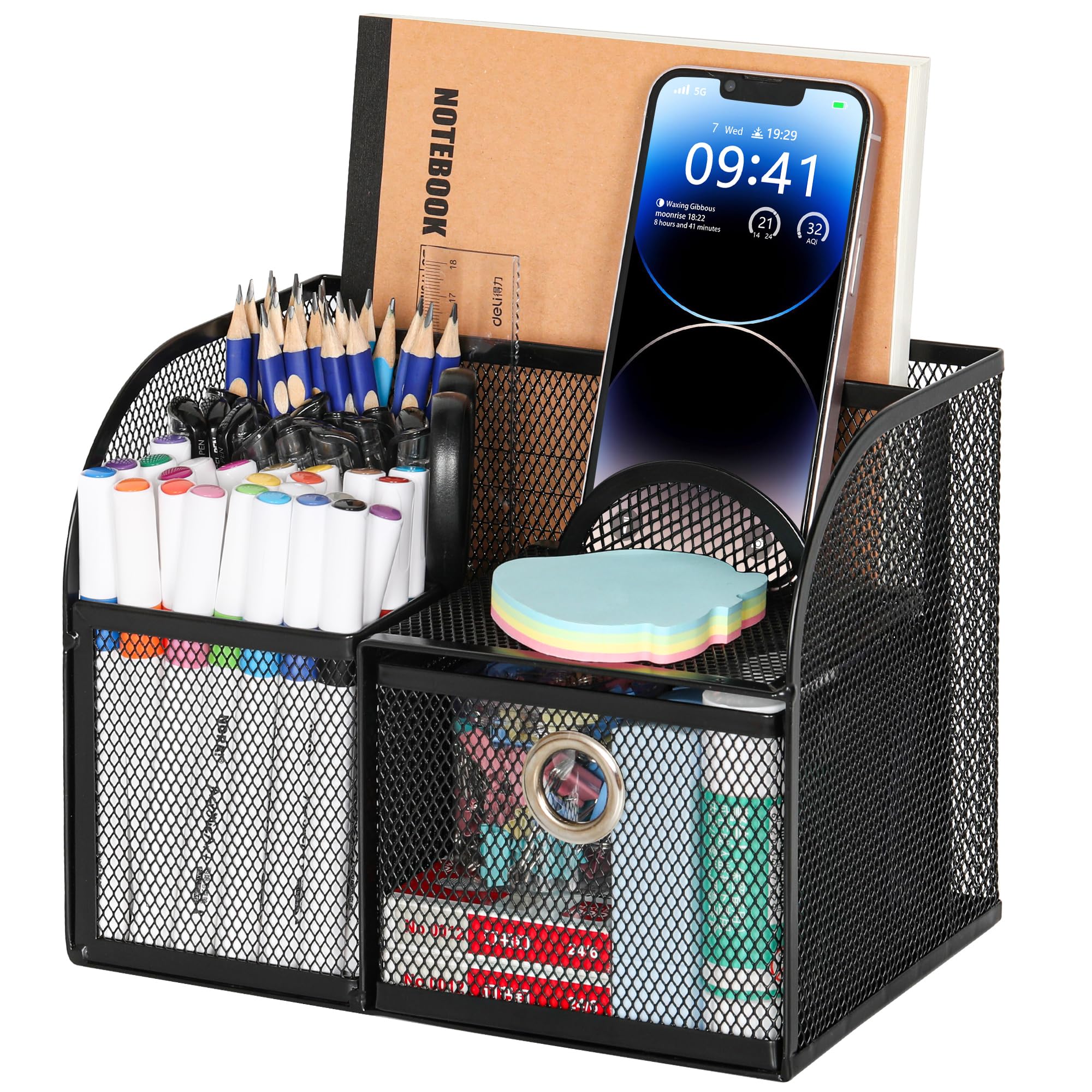 TQVAI Mesh Desk Organiser Multi-Functional Pen Holder with Drawer Desk Tidy Organisder with 3 Compartments Office Supply Pen File Holder for School Home Office Supplies, Black