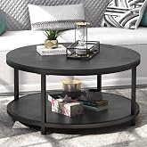 WiberWi Round Coffee Table Black 35.8" Circle Coffee Tables for Living Room Rustic Industrial Design with Sturdy Metal Frame Legs and Open Storage Shelf, Easy Assembly